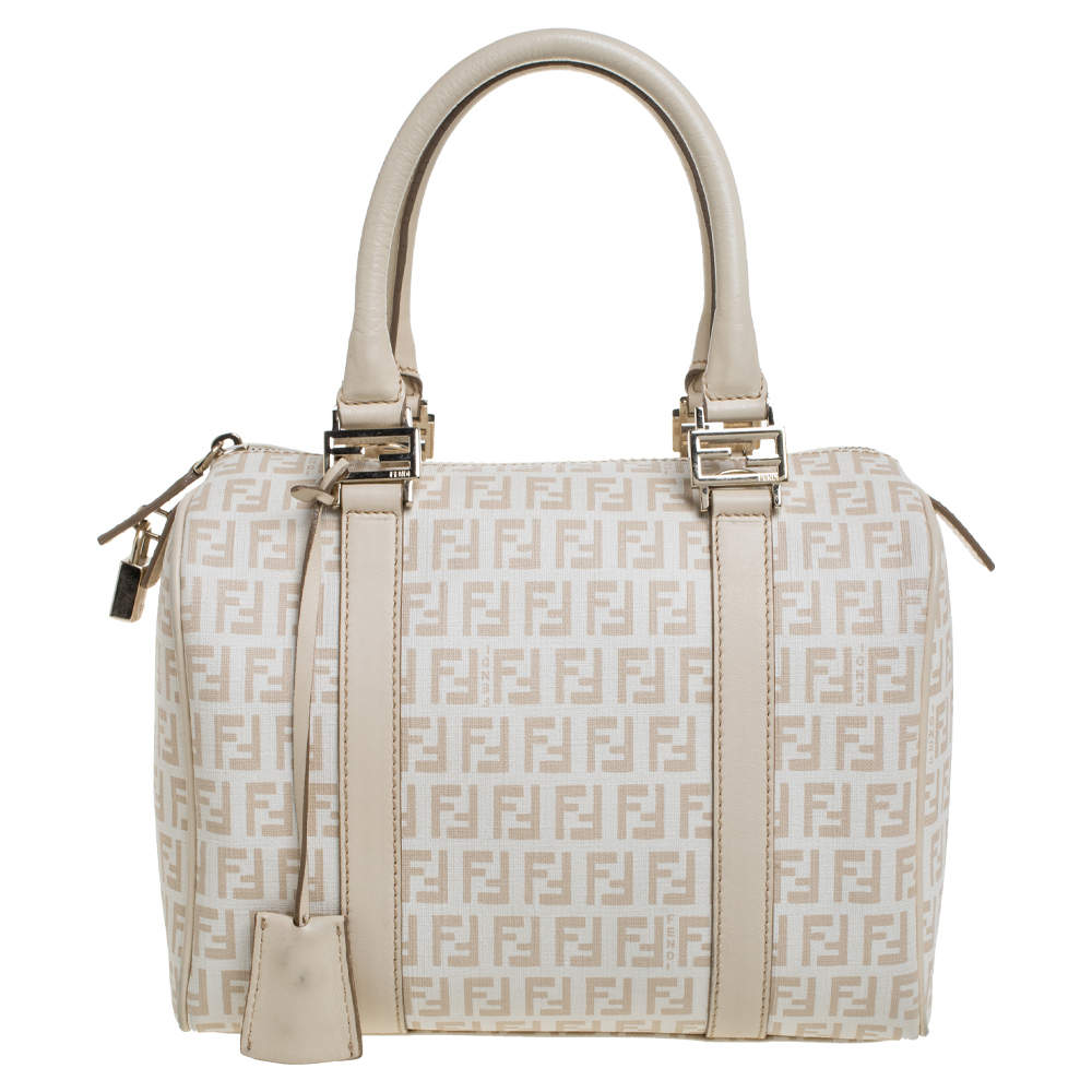 Fendi White/Beige Zucchino Coated Canvas Medium Forever Bauletto Boston Bag  at 1stDibs