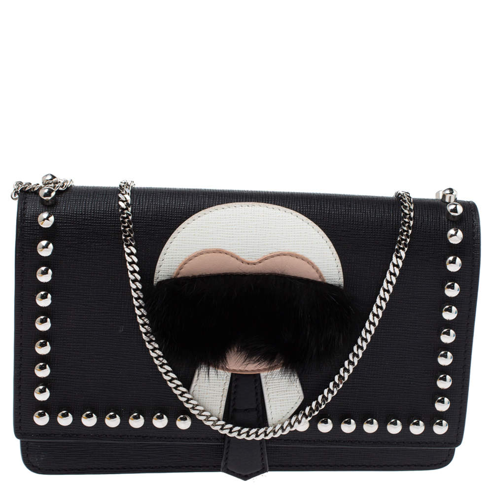 Pre Owned Fendi Black Leather Karlito Wallet on Chain