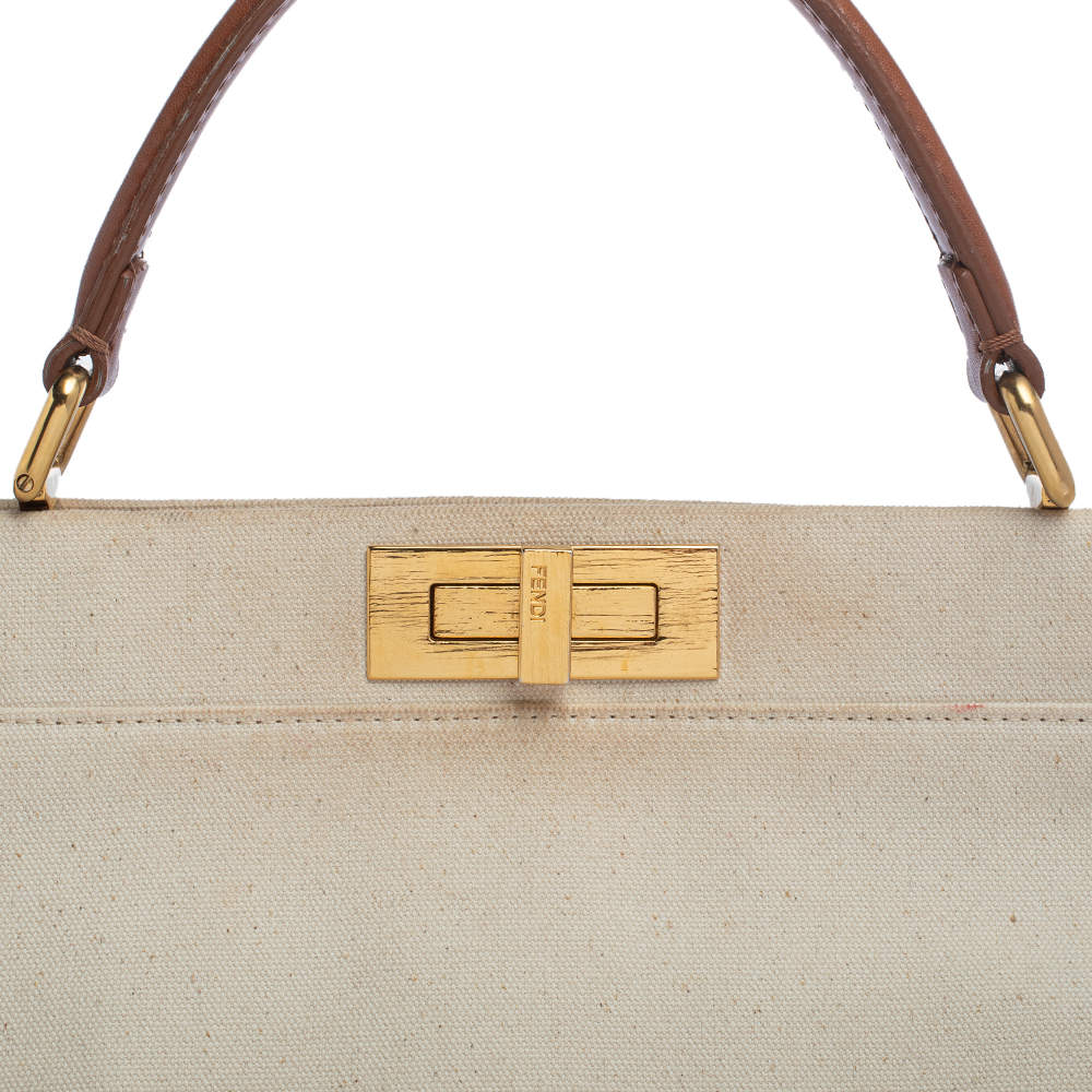 Fendi Cream/Tan Canvas and Leather Large Peekaboo Top Handle Bag