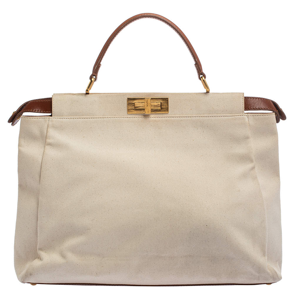 Fendi Cream/Tan Canvas and Leather Large Peekaboo Top Handle Bag