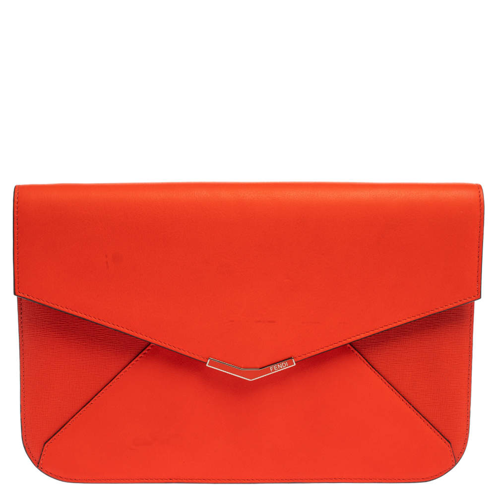 Pre Owned Fendi Orange Leather Large 2Jours Wrislet Envelope Clutch