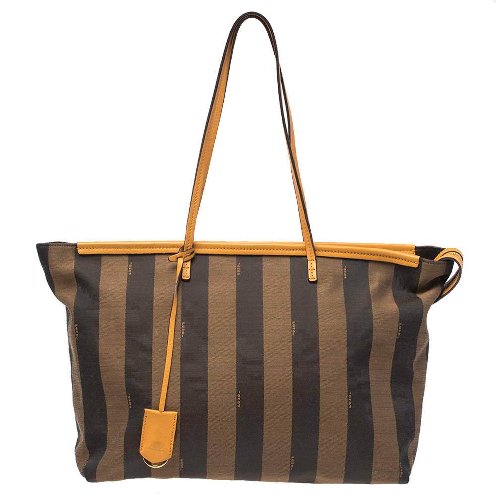 Pre Owned Fendi Brown/Mustard Pequin Canvas and Leather Roll Tote