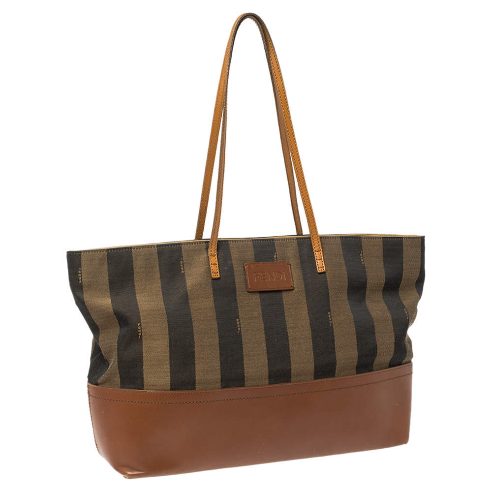 Fendi Brown Tobacco Pequin Striped Canvas and Leather Roll Tote Fendi TLC