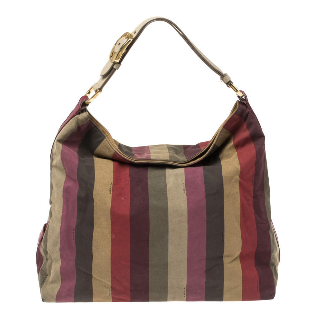 Pre Owned Fendi Multicolor Canvas and Leather Large Pequin Striped Hobo