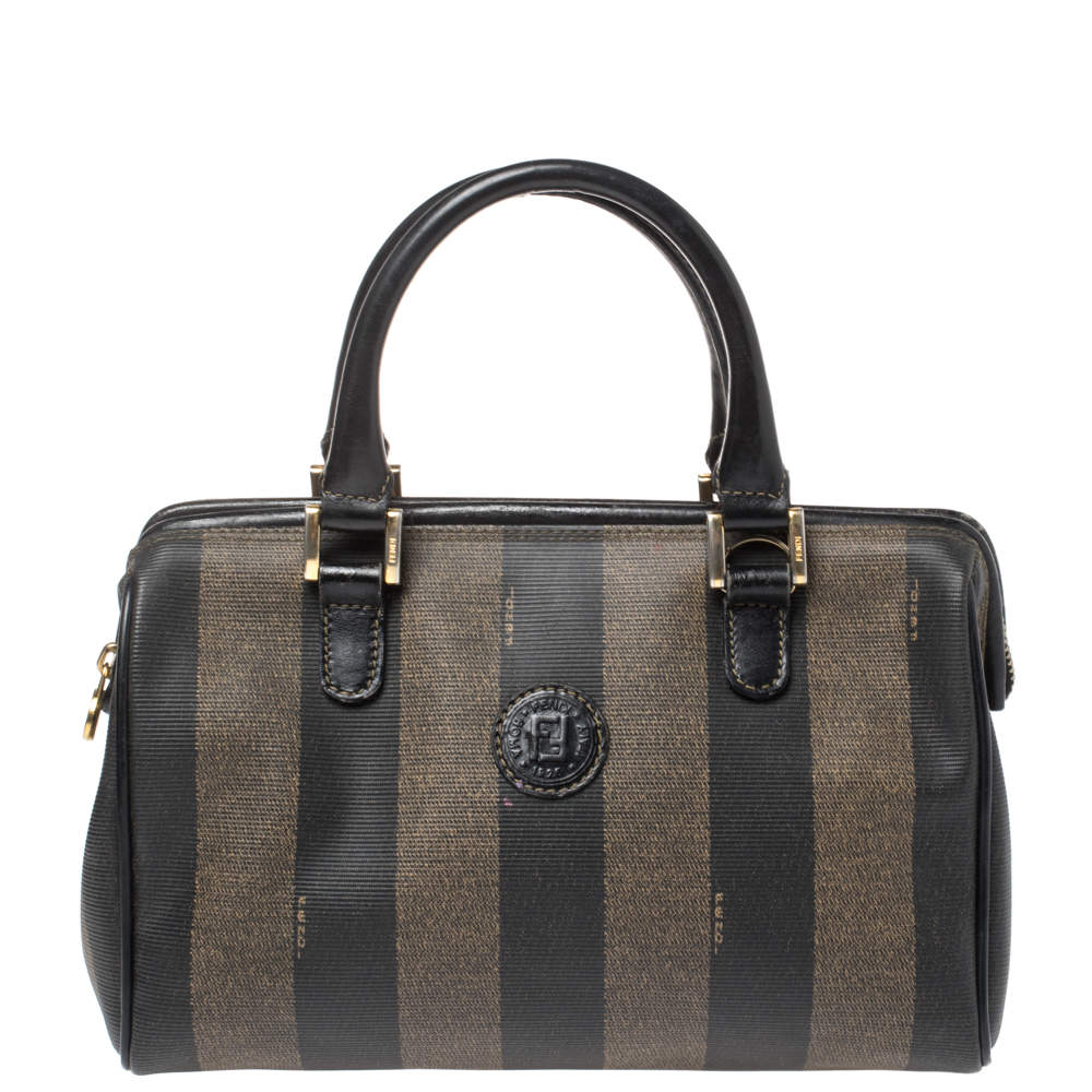 Fendi Tobacco Pequin Striped Coated Canvas and Leather Boston Bag