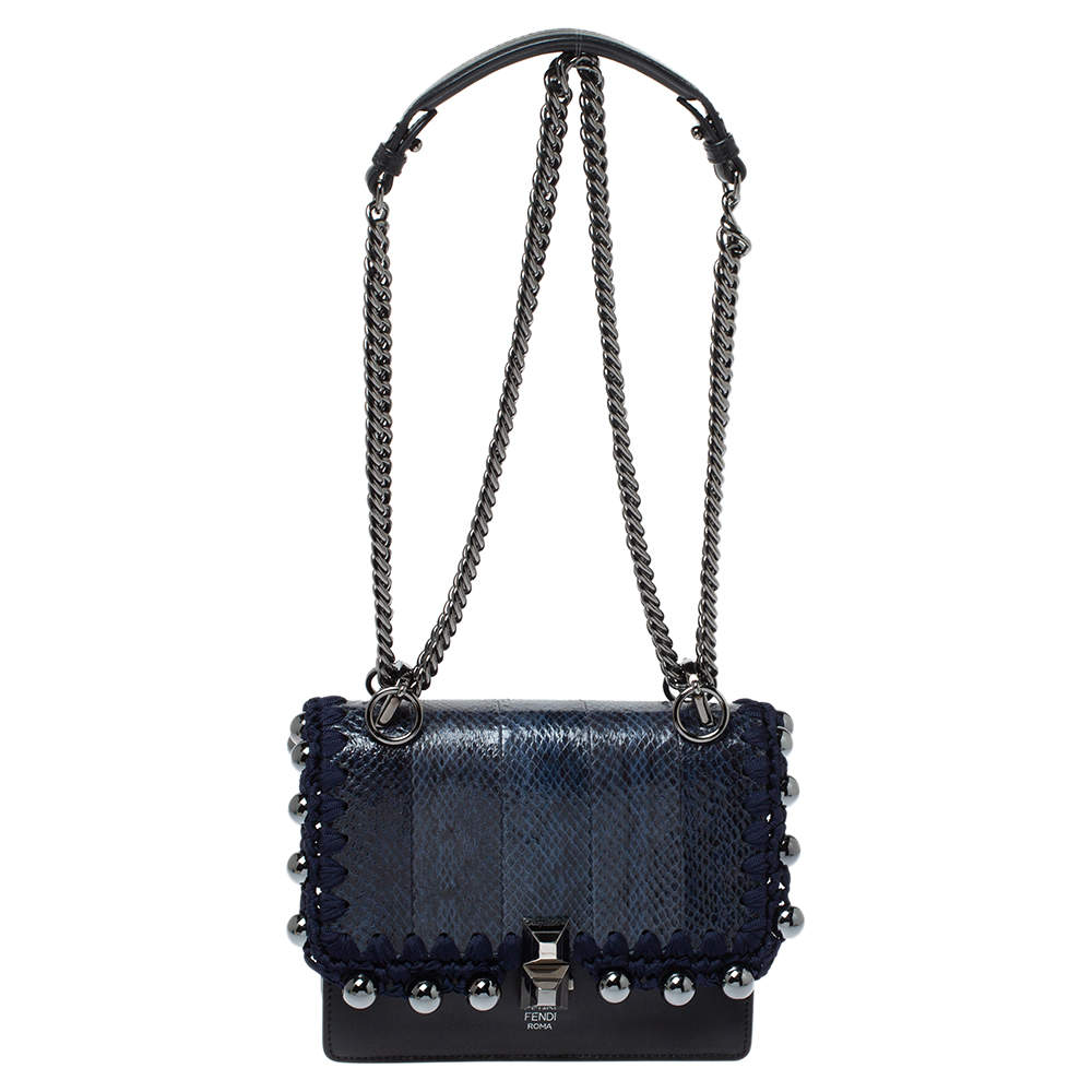 مملوكة مسبقًا حقيبة كروس فندي كان آي صغيرة خرز جلد و جلد ثعبان أسود و أزرق كحلي
