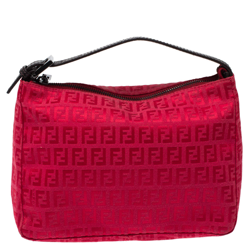 Pre Owned Fendi Red Zucchino Fabric and Leather Pochette Bag