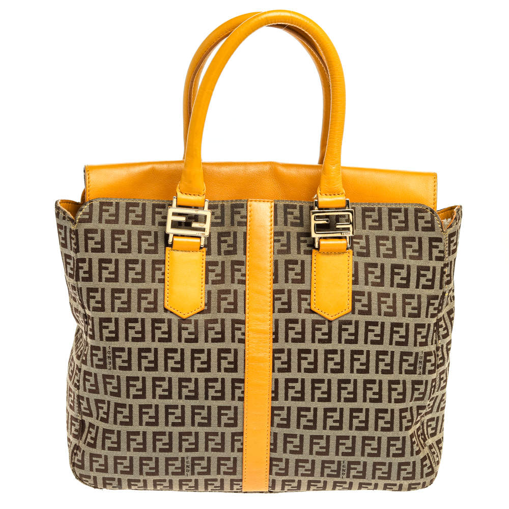 Pre Owned Fendi Beige/Mustard Zucchino Canvas and Leather Flap Tote