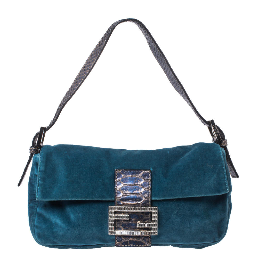 Pre Owned Fendi Blue Velvet and Python Mama Baguette Bag