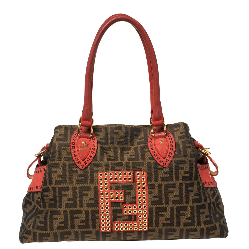 Fendi Brown/Red Zucca Canvas and Nubuck Medium Studded De Jour Bag