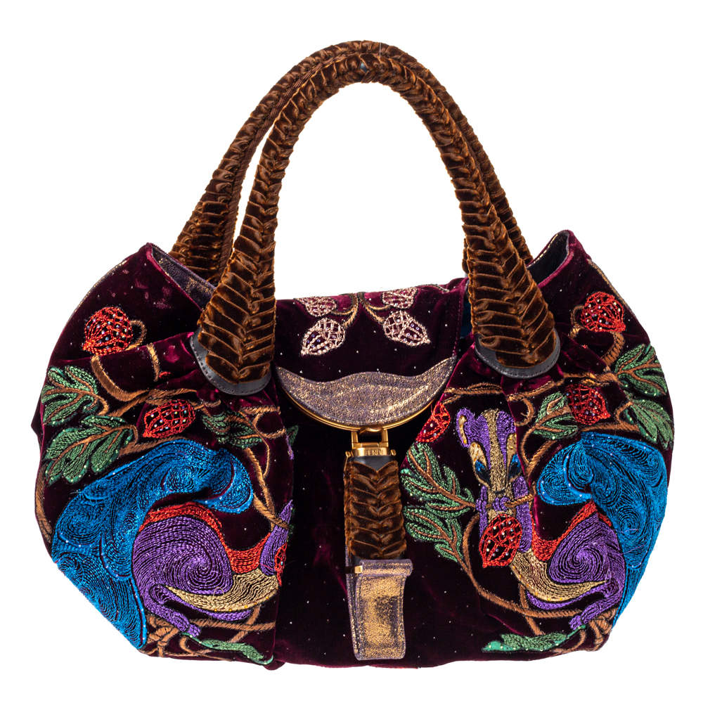 Pre Owned Fendi Multicolor Embroidered Squirrel Velvet Spy Bag