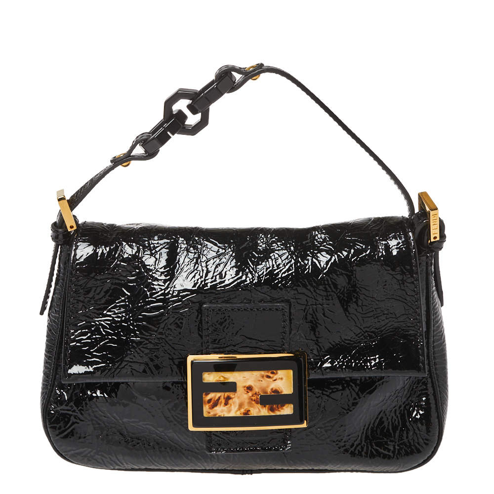 Fendi Black Patent Leather Baguette Shoulder Bag