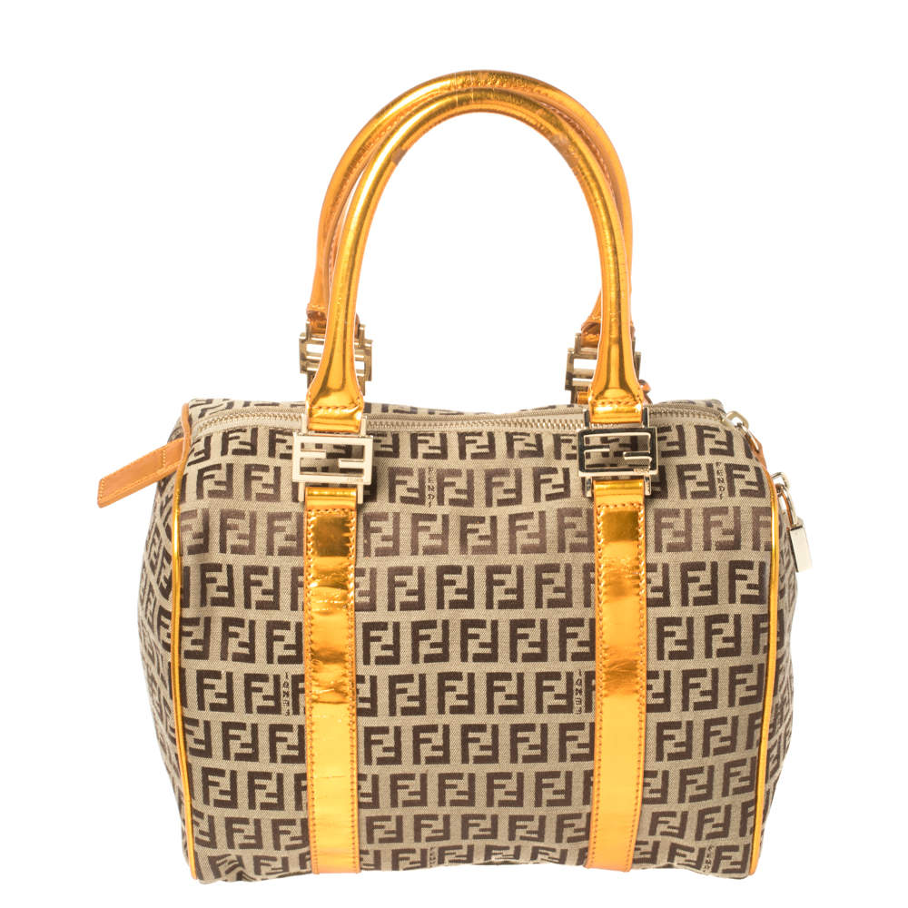 Pre Owned Fendi Beige/Metallic Orange Zucchino Canvas and Patent Leather Small Forever Bauletto Boston Bag