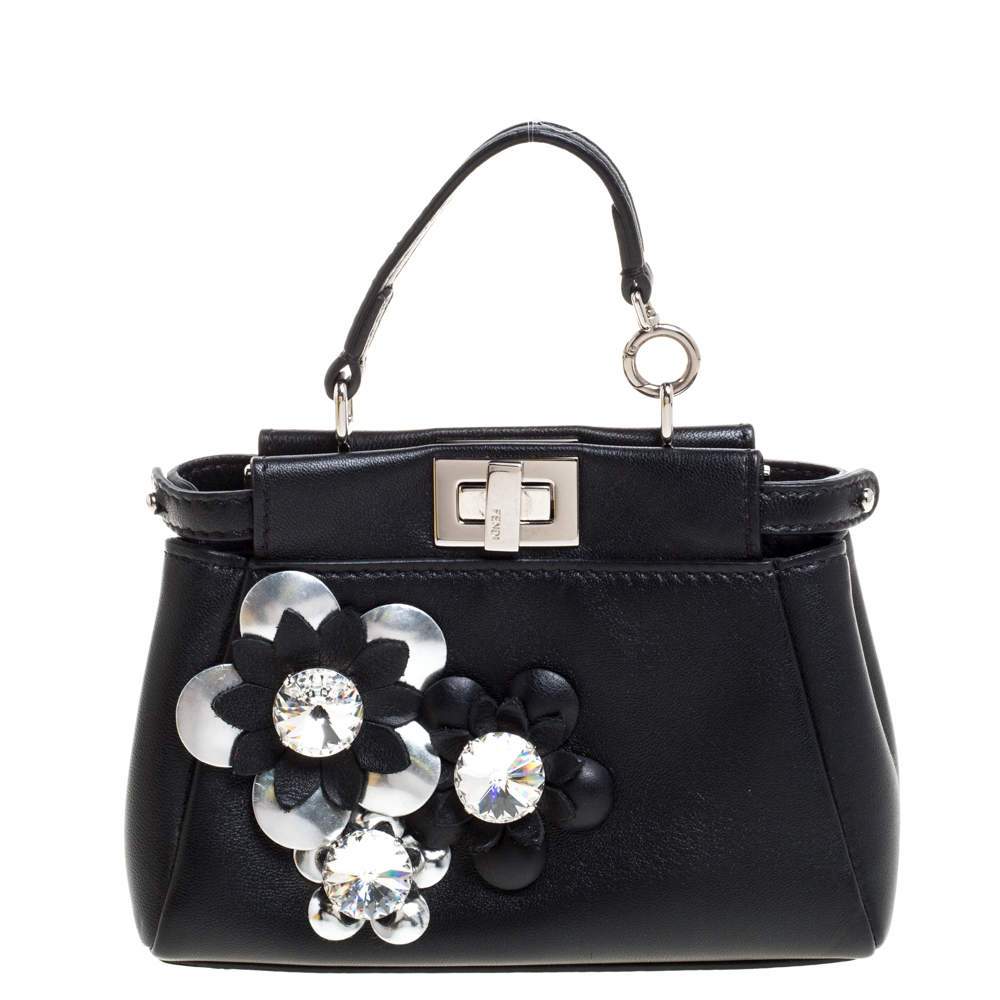 مملوكة مسبقًا Fendi Black Floral Embellished Leather Micro Peekaboo Top Handle Bag