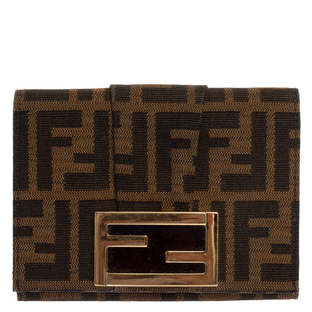Pre Owned Fendi Tobacco Zucca Canvas FF Flap Compact Wallet