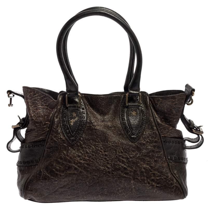 Fendi Dark Brown Shimmer Leather Small Studded Chef De Jour Bag