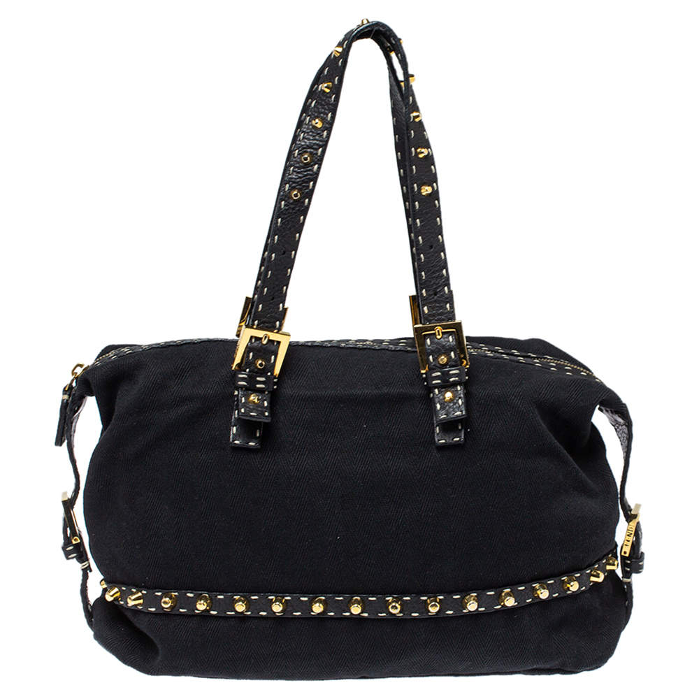 Pre Owned Fendi Black Canvas and Selleria Leather Studded Shoulder Bag