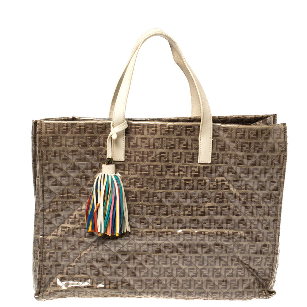Pre Owned Fendi Beige Zucchino Quilted Canvas and PVC Tassel Tote