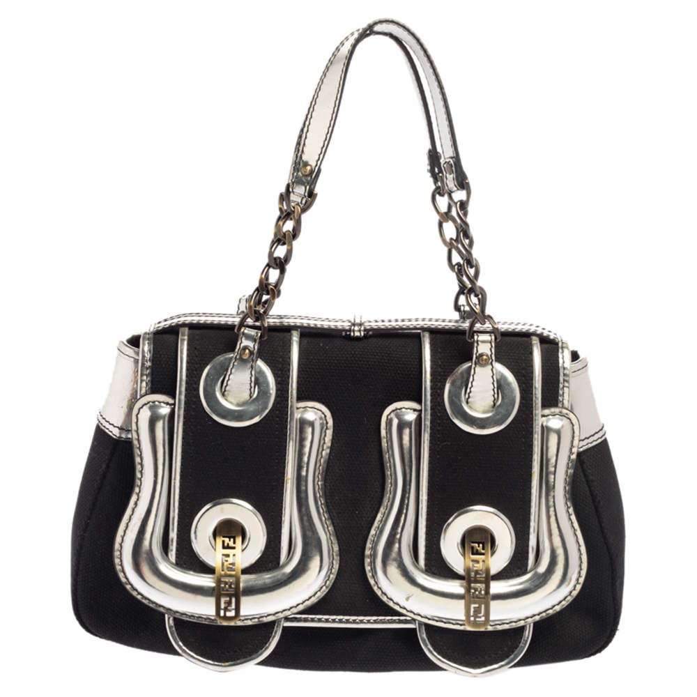 Pre Owned Fendi Black/Silver Canvas and Patent Leather B Shoulder Bag