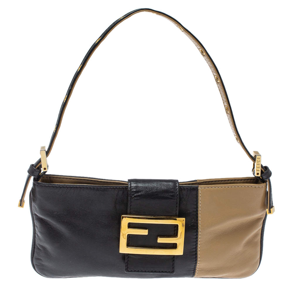 Pre Owned Fendi Black/Beige Leather FF Flap Baguette Bag