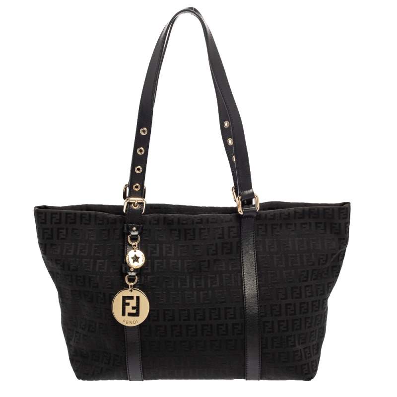 Pre Owned Fendi Black Zucchino Canvas and Leather Superstar Shopper Tote