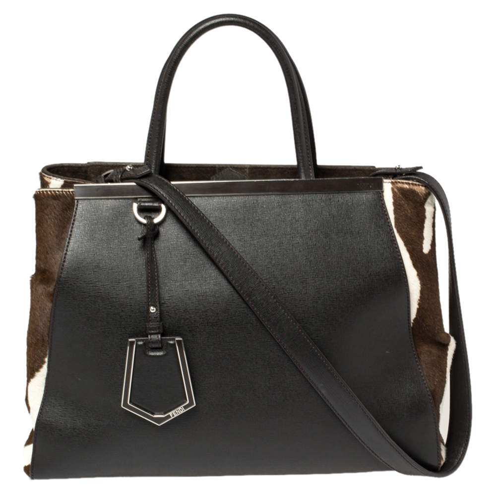 Pre Owned Fendi Dark Brown/White Leather and Calf Hair Medium 2jours Tote