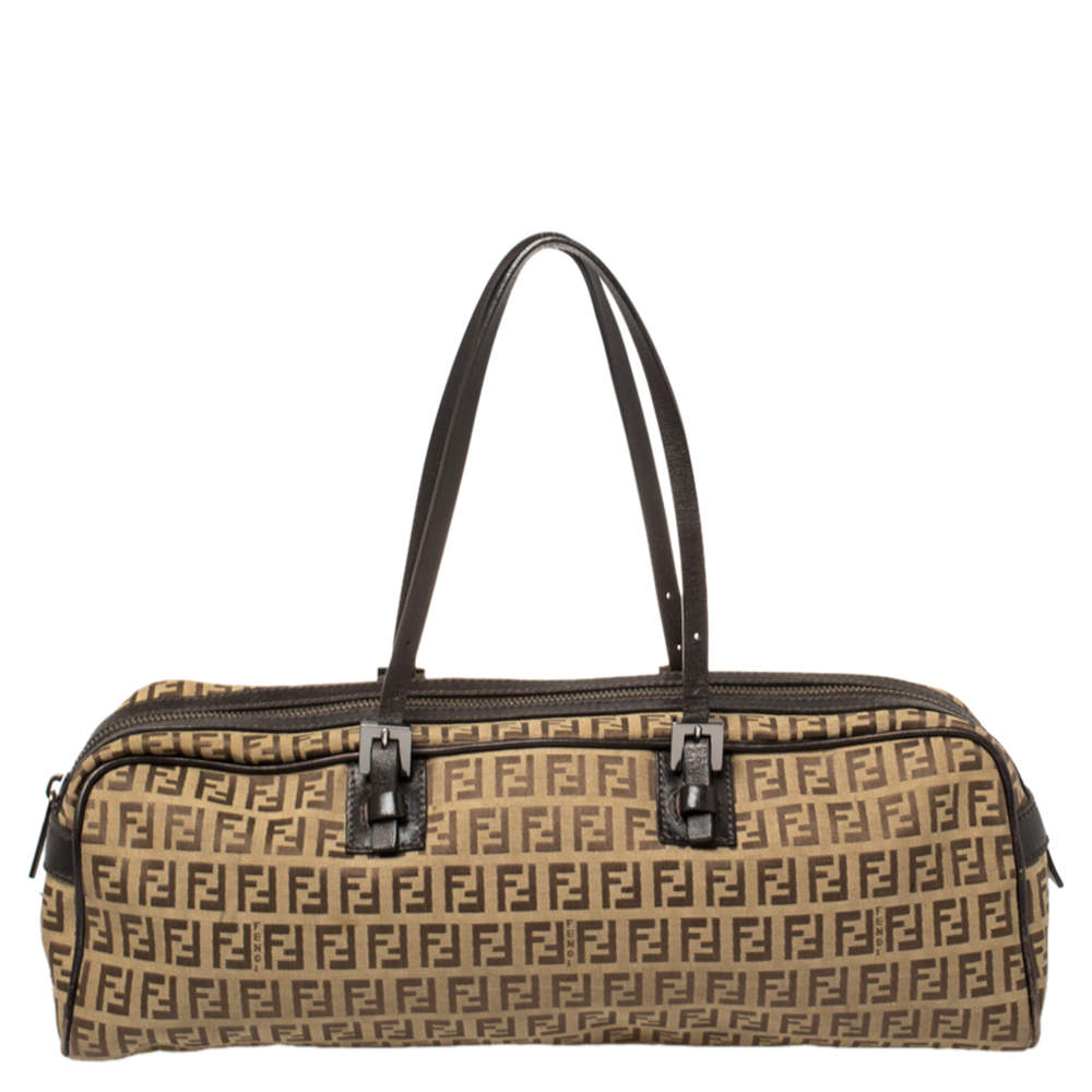 Pre Owned Fendi Brown/Beige Zucchino Canvas and Leather East West Satchel