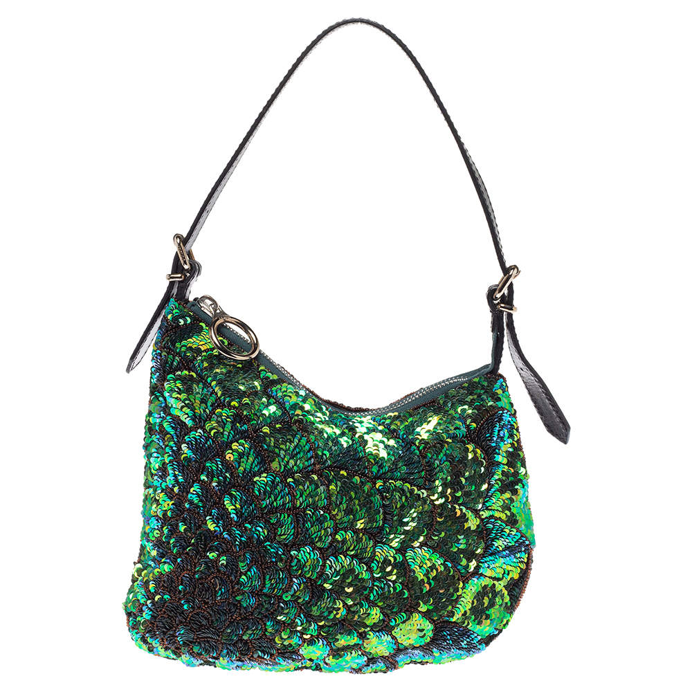 Pre Owned Fendi Green/Black Sequins and Leather Small Oyster Hobo