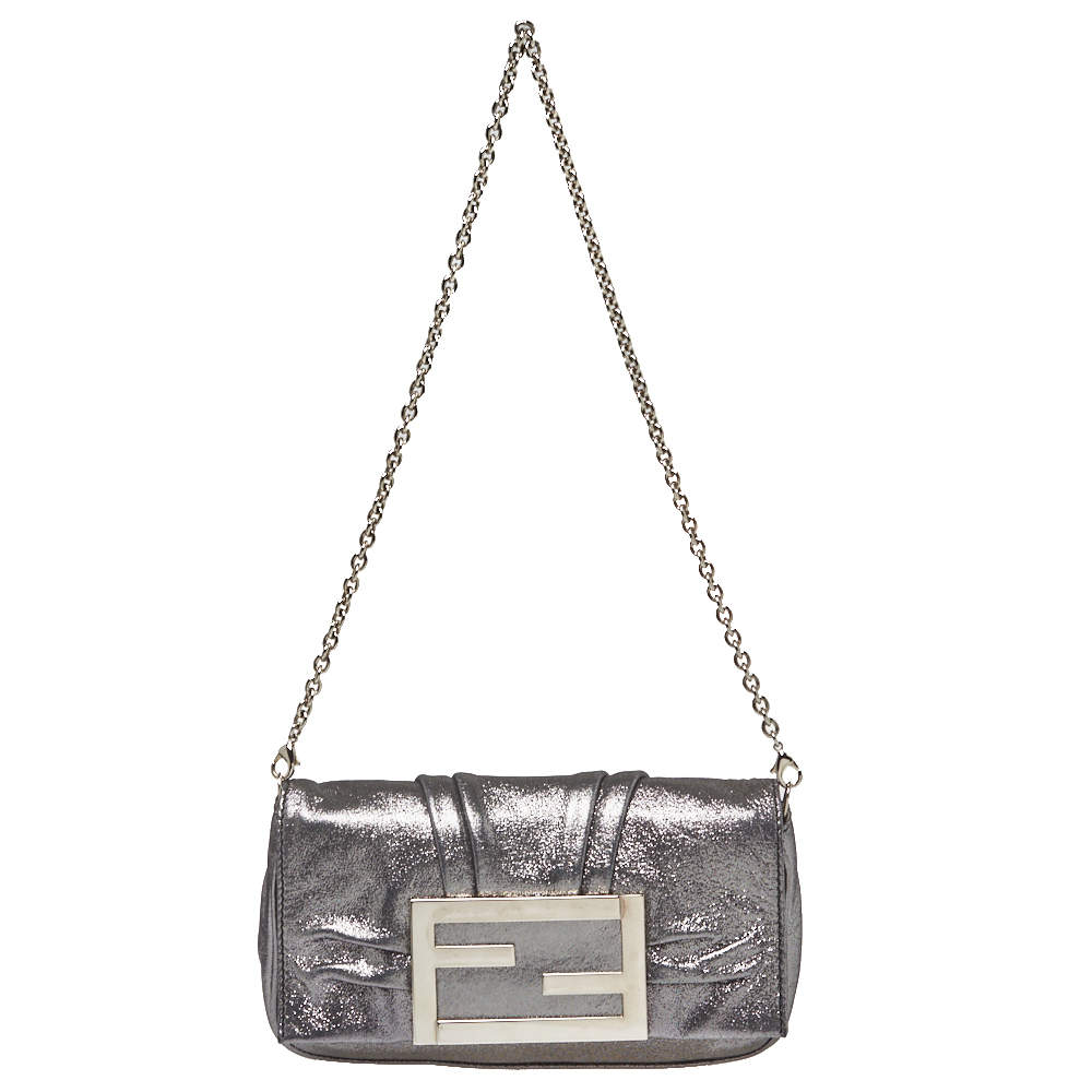 Fendi Metallic Silver Leather Mia Pochette Bag 