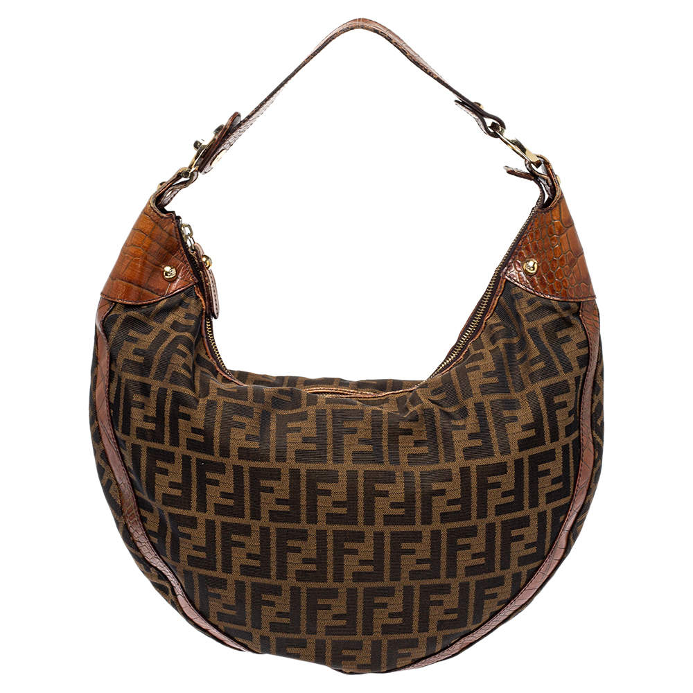 Pre Owned Fendi Tobacco Zucca Canvas and Croc Leather Chef Hobo