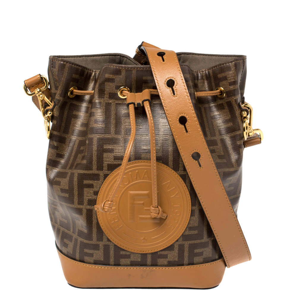 Fendi Brown Zucca Coated Canvas and Leather Mon Tresor Drawstring Bucket Bag
