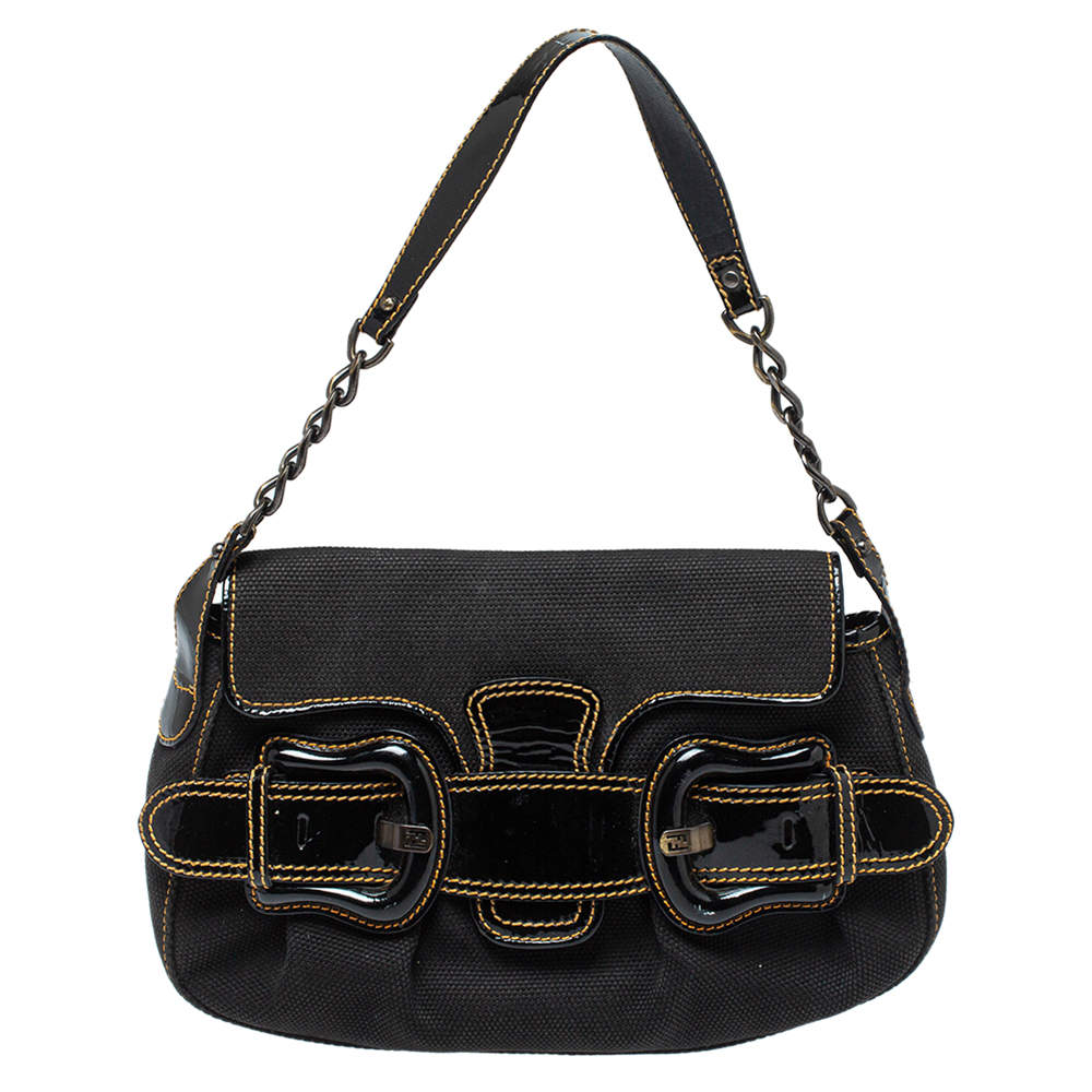 Pre Owned Fendi  Black Canvas And Patent Leather B Bis Shoulder Bag