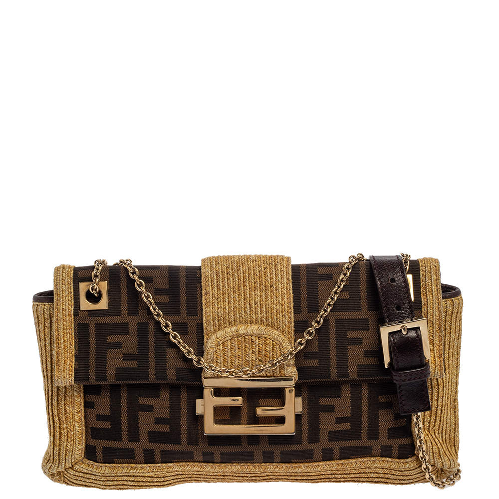 Pre Owned Fendi Tobacco Zucca Canvas and Raffia Baguette Chain Shoulder Bag