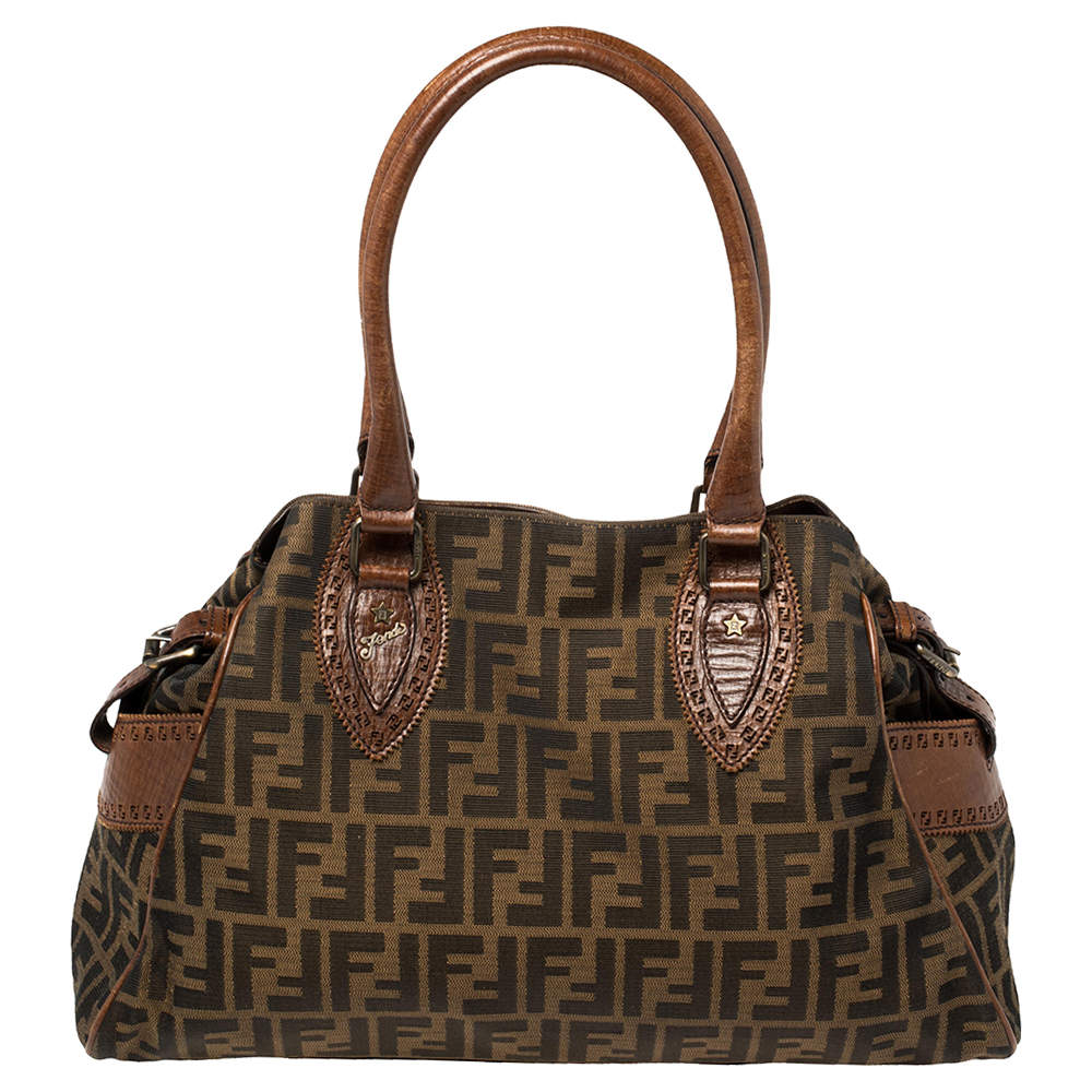 Pre Owned Fendi Tobacco Zucca Canvas and Leather Chef De Jour Bag
