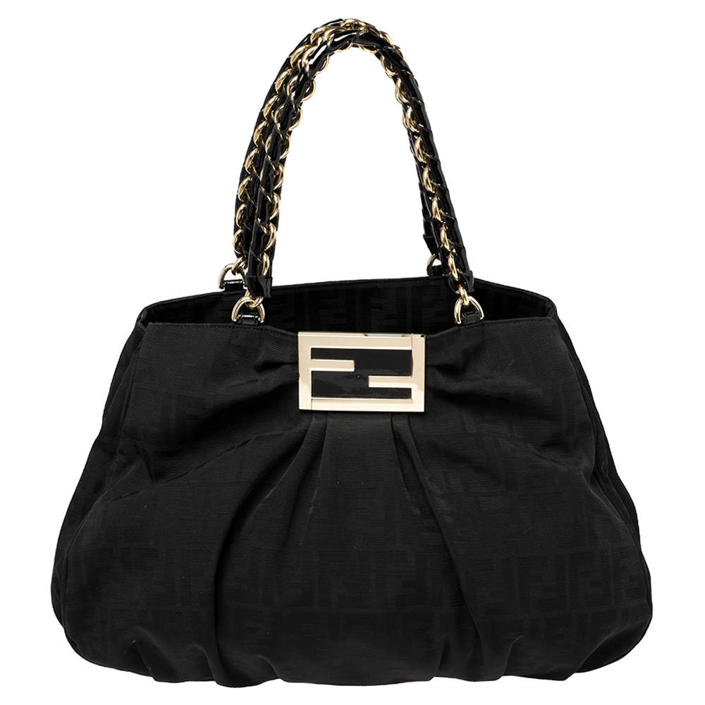 Fendi Black Zucca Canvas and Patent Leather Large Mia Shoulder Bag