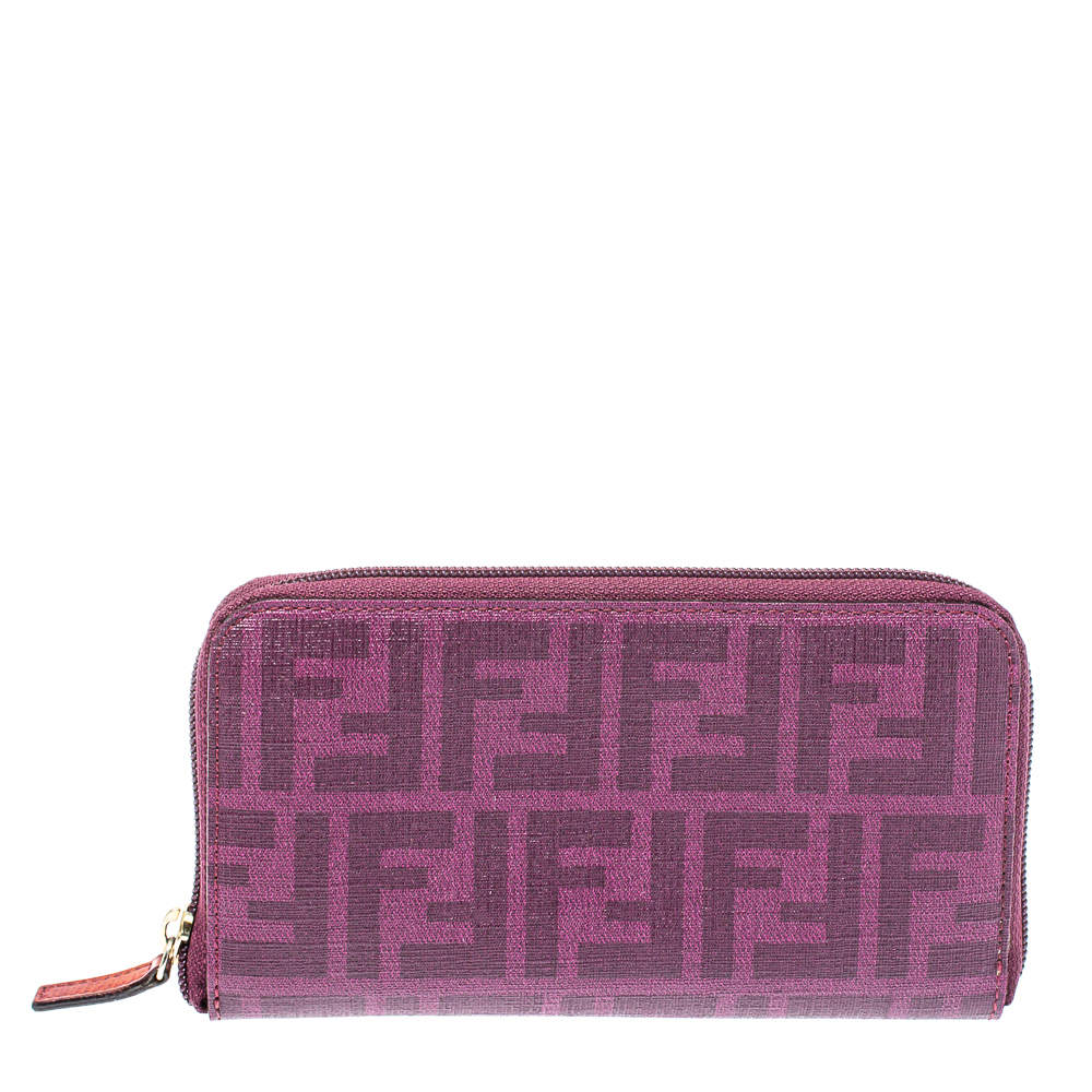 Pre Owned Fendi Purple Zucca Coated Canvas Zip Wallet