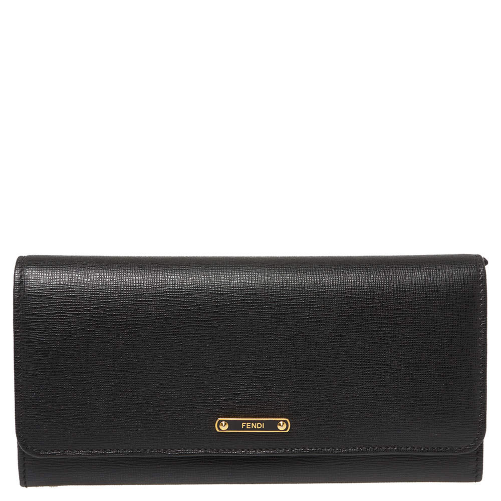 Pre Owned Fendi Black Leather Flap Elite Continental Wallet