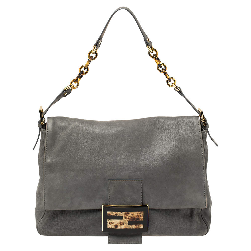 Pre Owned Fendi Metallic Grey Nubuck Mama Forever Shoulder Bag