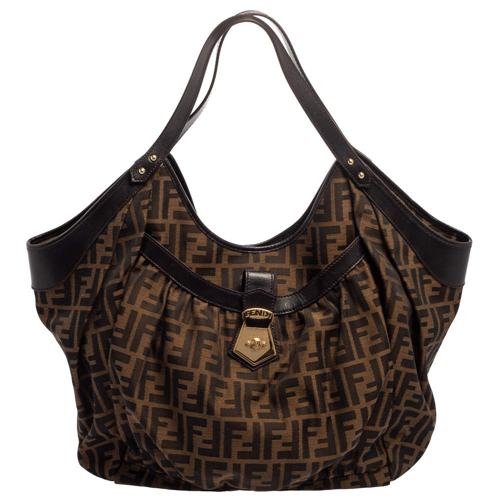 Pre Owned Fendi Tobacco Zucca Canvas and Leather Hobo