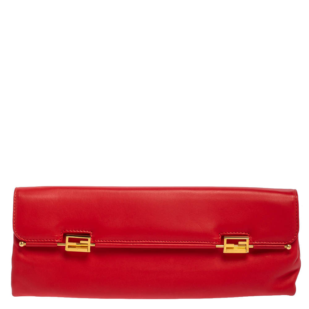 Pre Owned Fendi Red Soft Leather Long Clutch