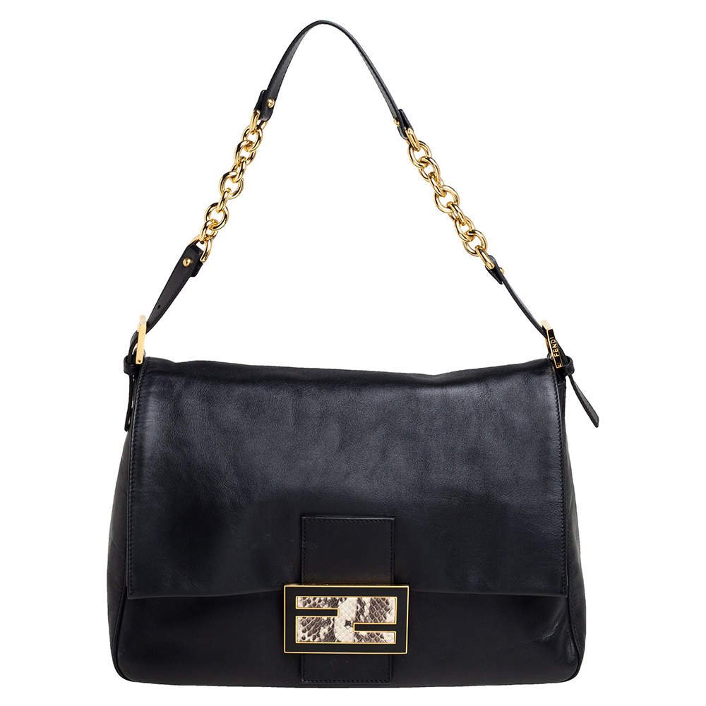 Pre Owned Fendi Black Leather And Water Snake Mamma Forever Shoulder Bag