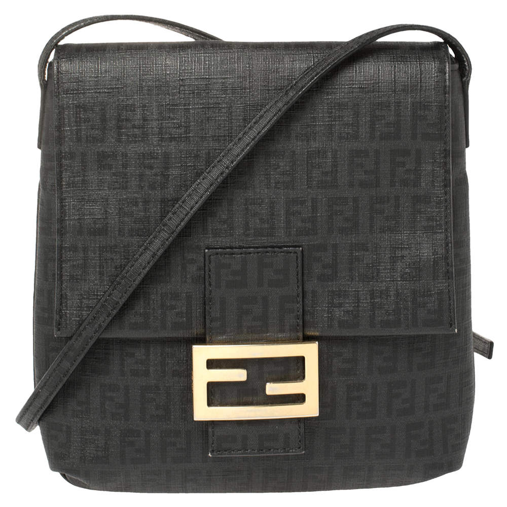 Fendi Black Zucchino Coated Canvas FF Flap Messenger Bag