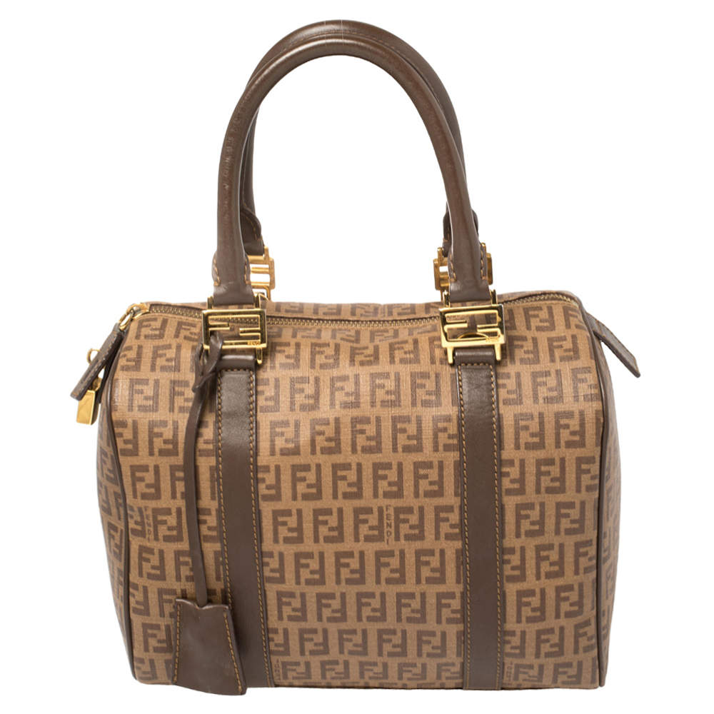 Pre Owned Fendi Brown Zucchino Coated Canvas and Leather Small Forever Bauletto Boston Bag