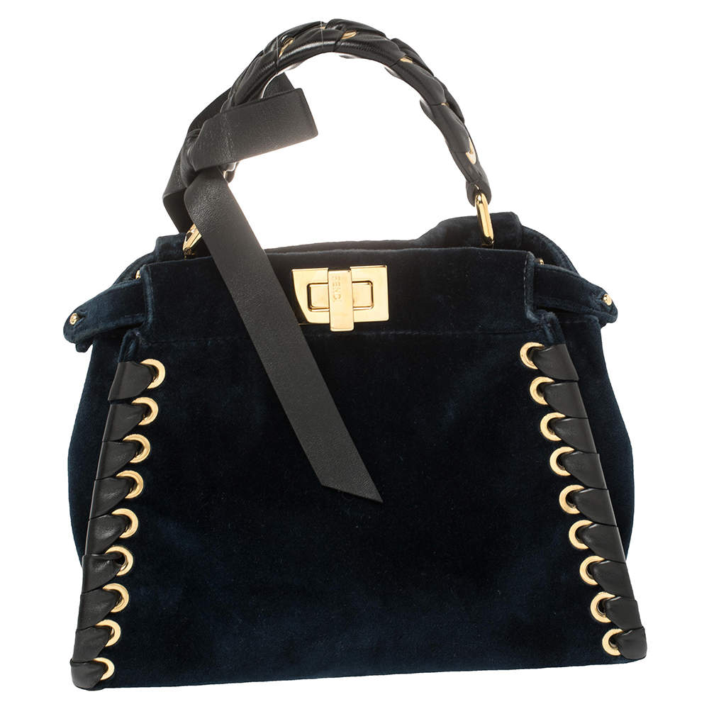 Fendi Blue/Black Velvet And Leather Ribbons Mini Peekaboo Top Handle Bag