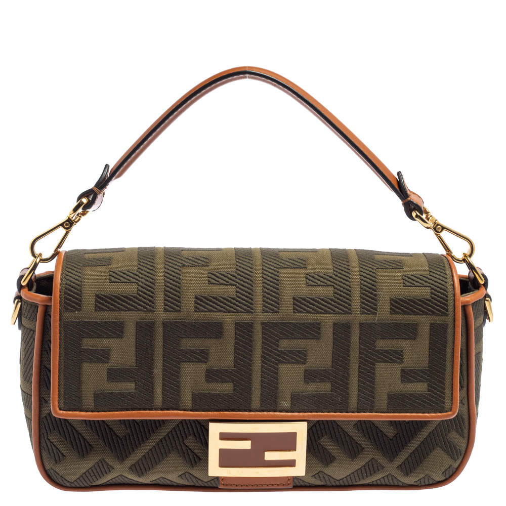 Fendi Military Green Zucca Embroidered Canvas and Leather FF Baguette Bag
