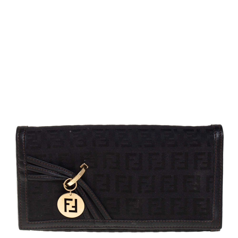 Pre Owned Fendi Black Zucchino Canvas and Leather Flap Continental Wallet