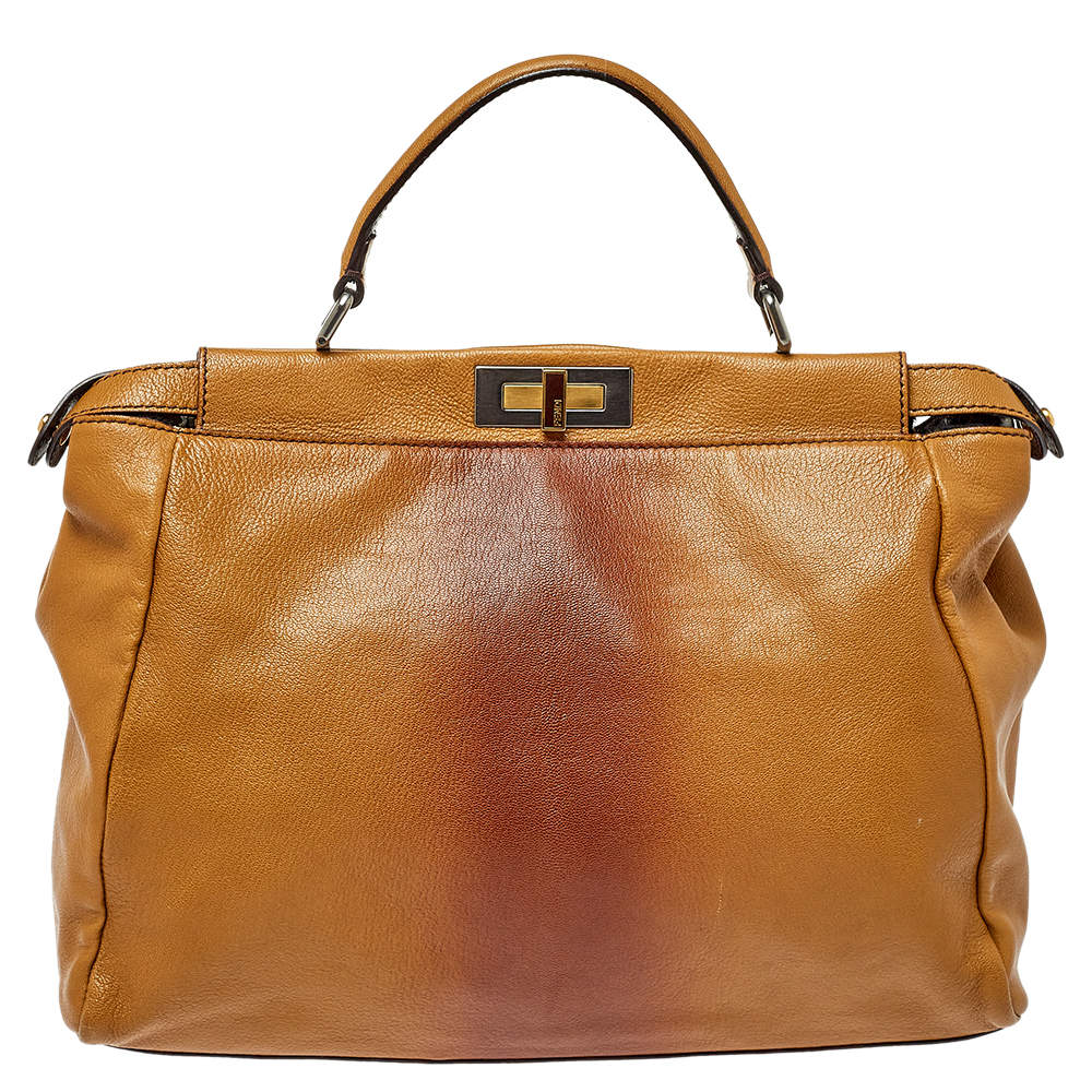 Pre Owned حقيبة فندي بيكابو كبيرة يد علوية جلد اومبر بني و بني فاتح مع بطانة شعر عجل 