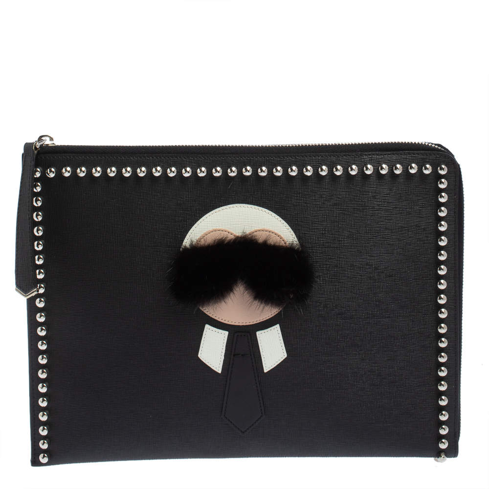 Pre Owned Fendi Black Leather Karlito Flat Clutch