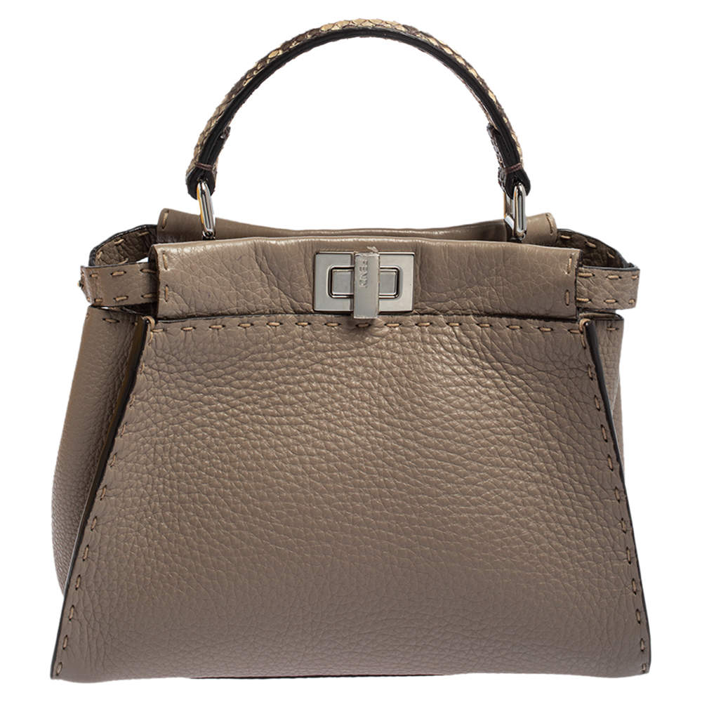 Pre Owned Fendi Beige Leather and Python Mini Peekaboo Top Handle Bag
