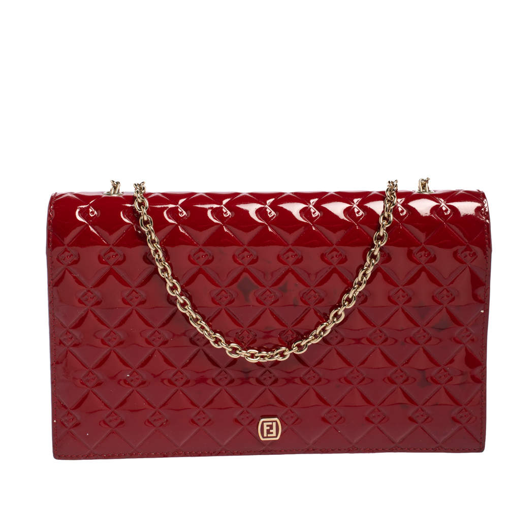Pre Owned Fendi Red Patent Leather Fendilicious Wallet on Chain